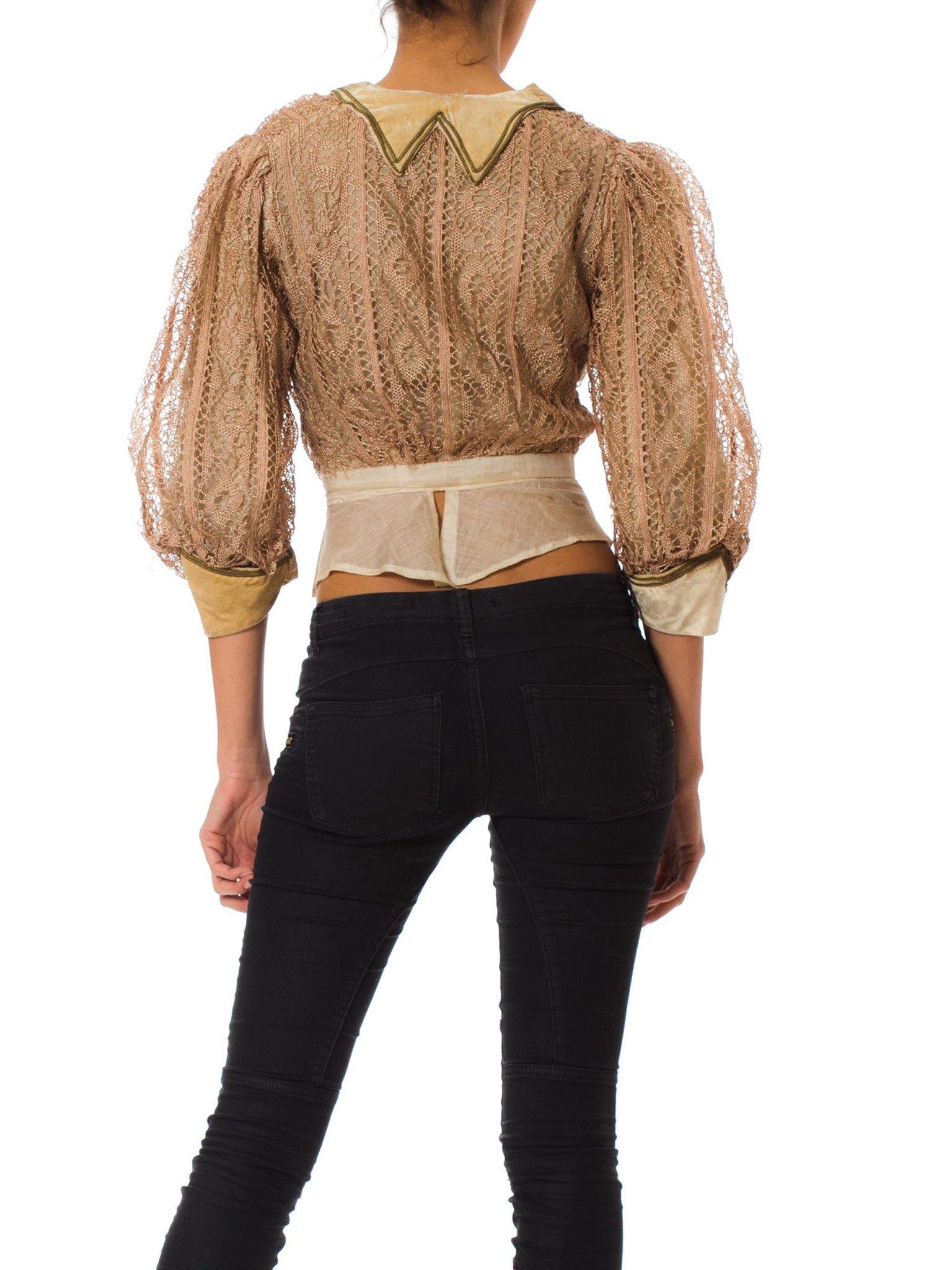 Brown Edwardian Champagne Silk & Cotton Velvet And Handmade Lace Bodice  Top For Sale