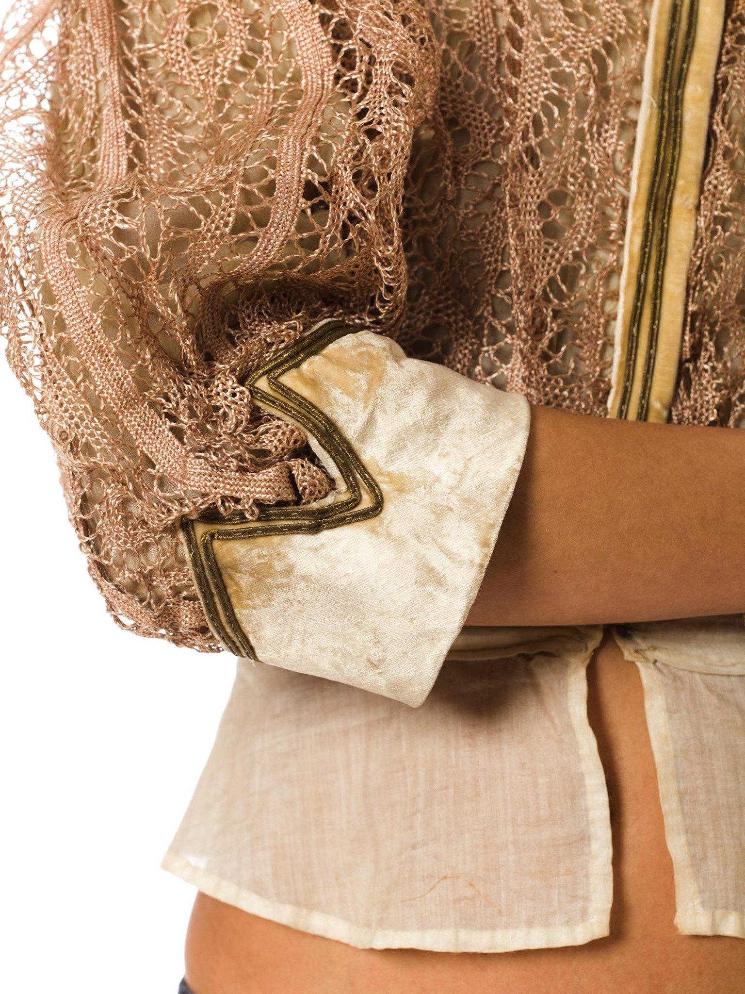 Edwardian Champagne Silk & Cotton Velvet And Handmade Lace Bodice  Top In Good Condition For Sale In New York, NY