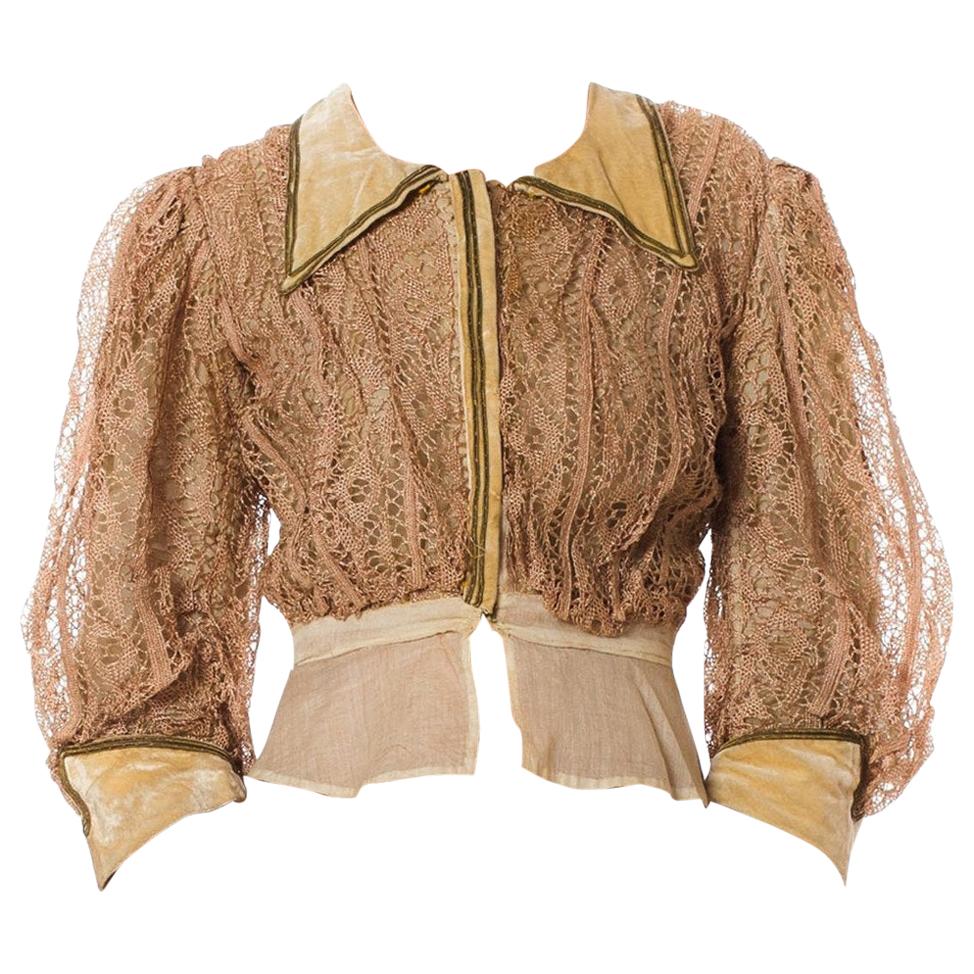 Edwardian Champagne Silk & Cotton Velvet And Handmade Lace Bodice  Top For Sale
