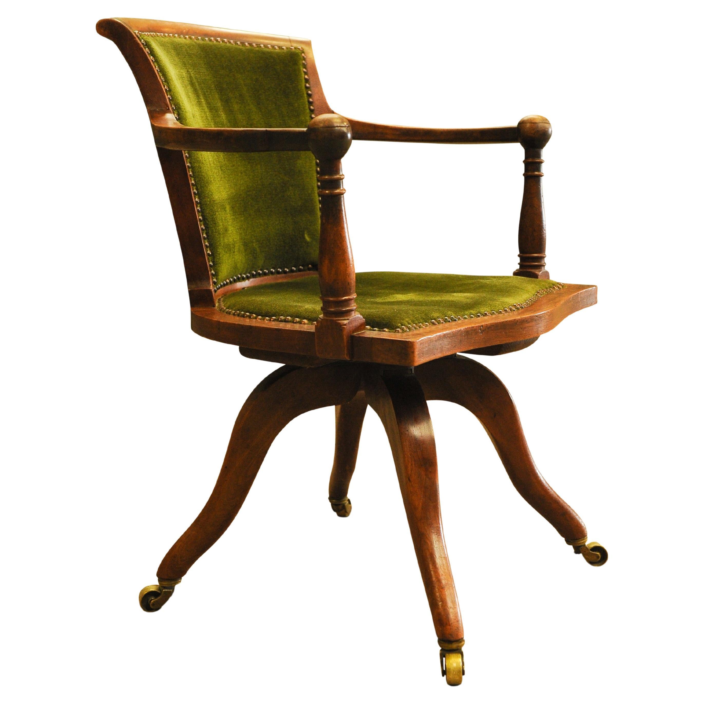 Victorian Velvet Swivel Desk Chair Brass Castors by Jas Shoolbred & Co London