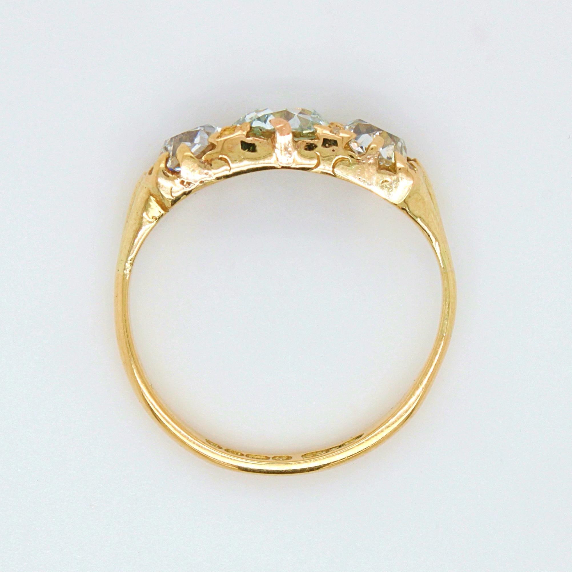 Women's Victorian Very Light Green 'GIA' Old Cut Three Diamond Ring, ca. 1880s