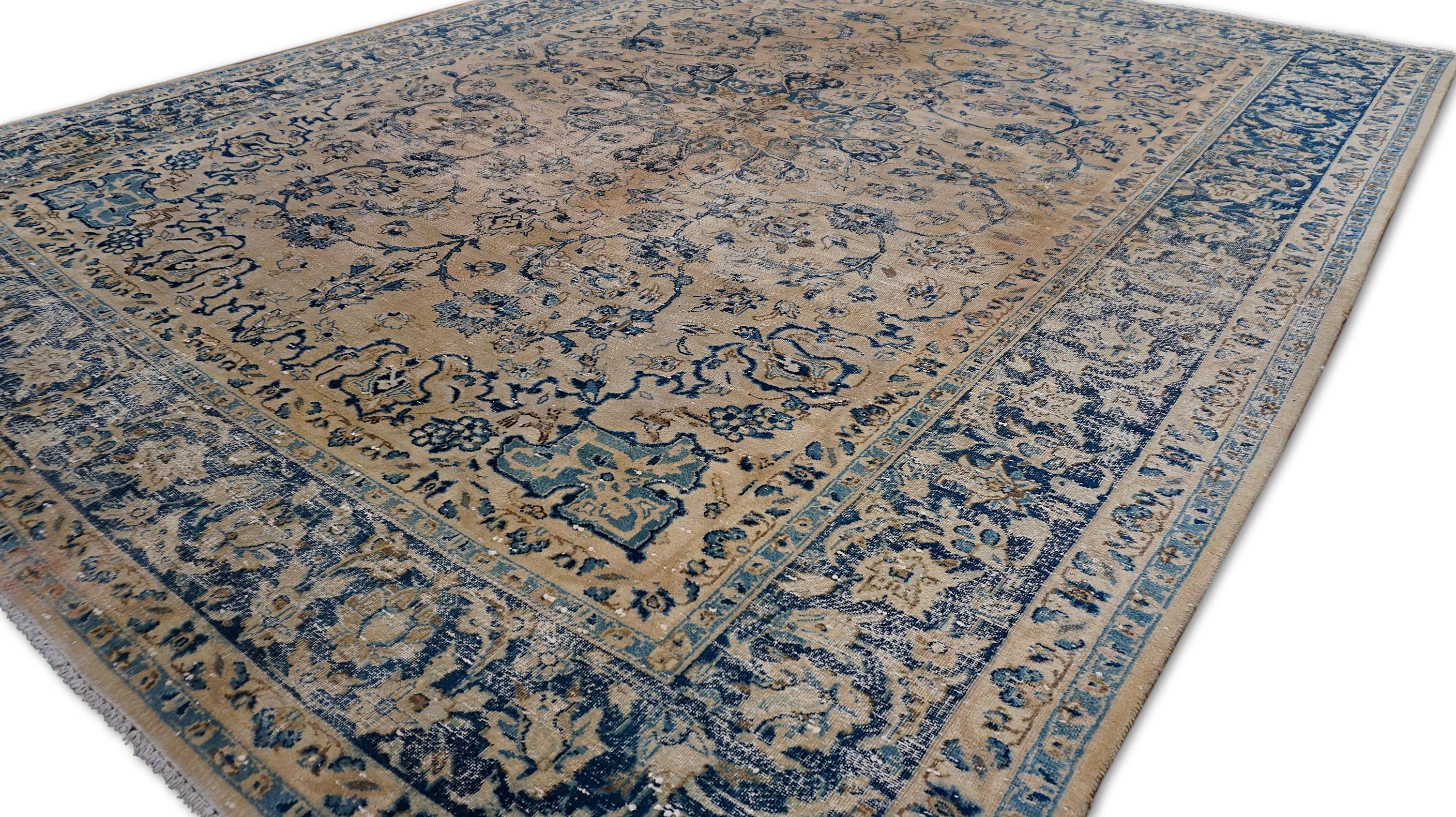 Alfombra de lana envejecida Victorian Vintage Beige y Azul 9'7''x12' Victoriano en venta