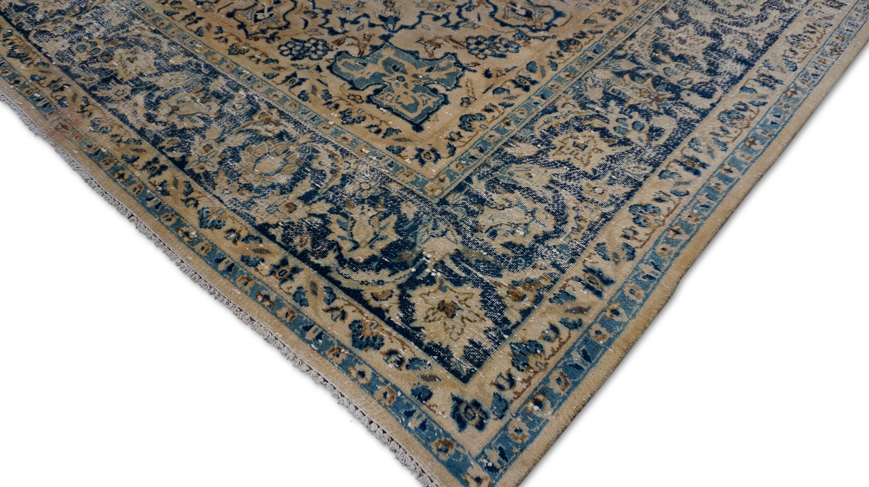 Alfombra de lana envejecida Victorian Vintage Beige y Azul 9'7''x12' Persa en venta