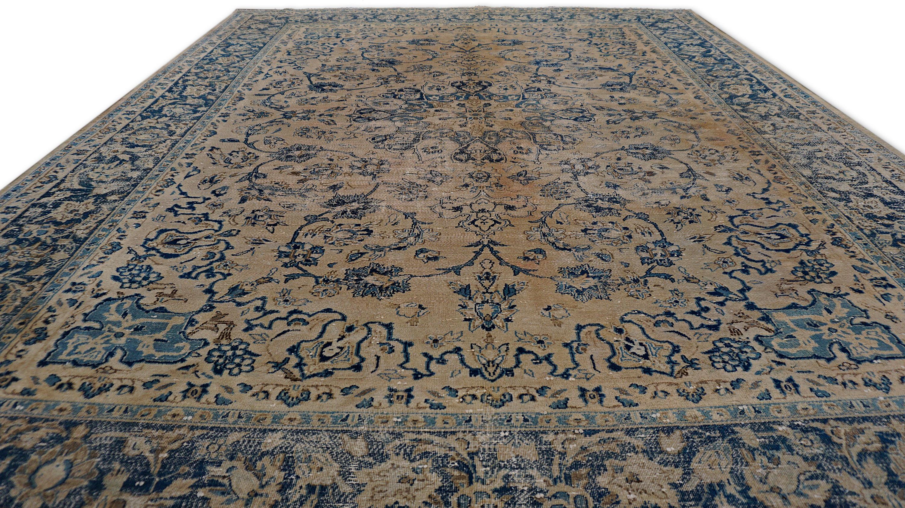 Alfombra de lana envejecida Victorian Vintage Beige y Azul 9'7''x12' Anudado a mano en venta