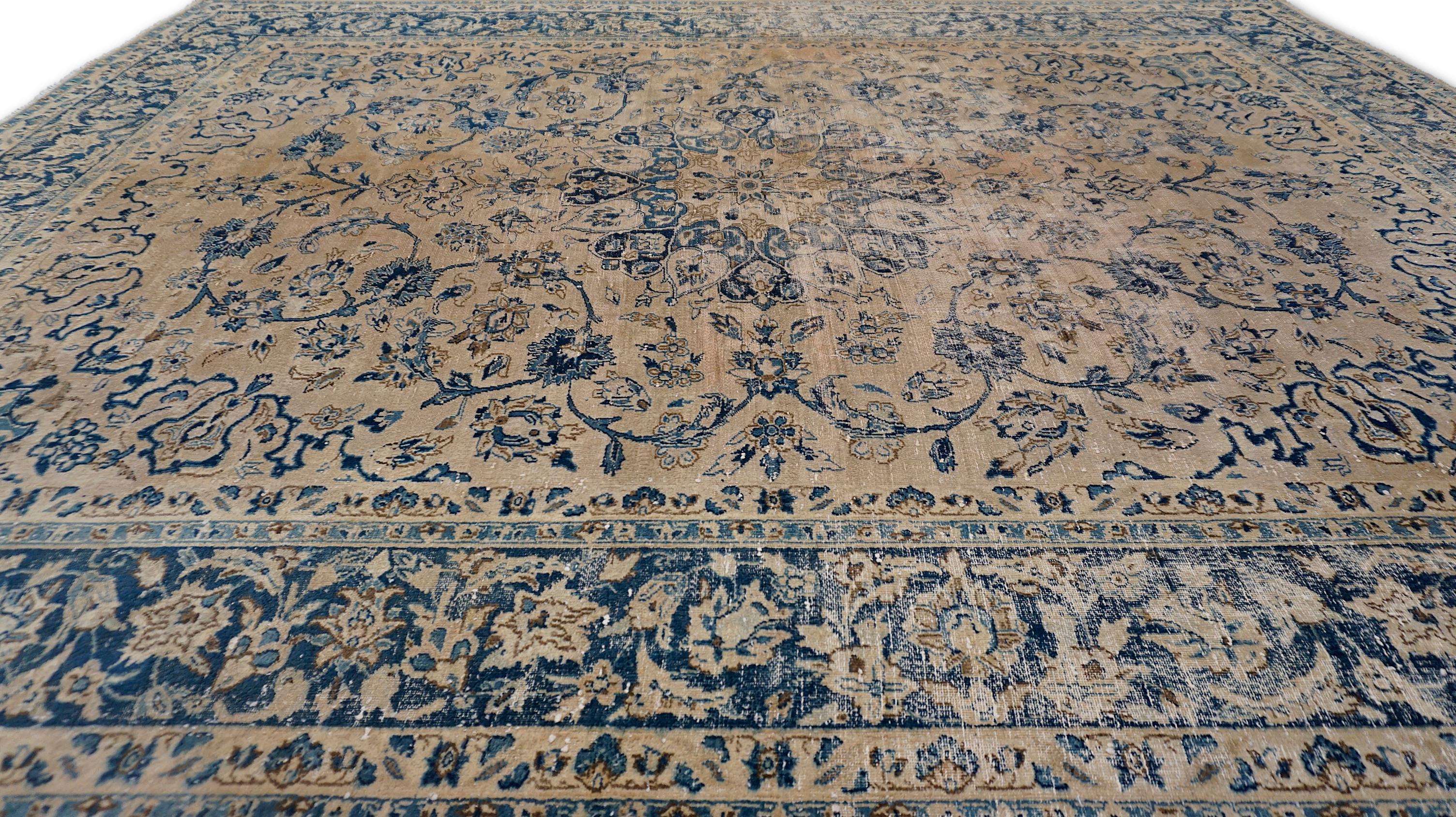 Alfombra de lana envejecida Victorian Vintage Beige y Azul 9'7''x12' Lana en venta