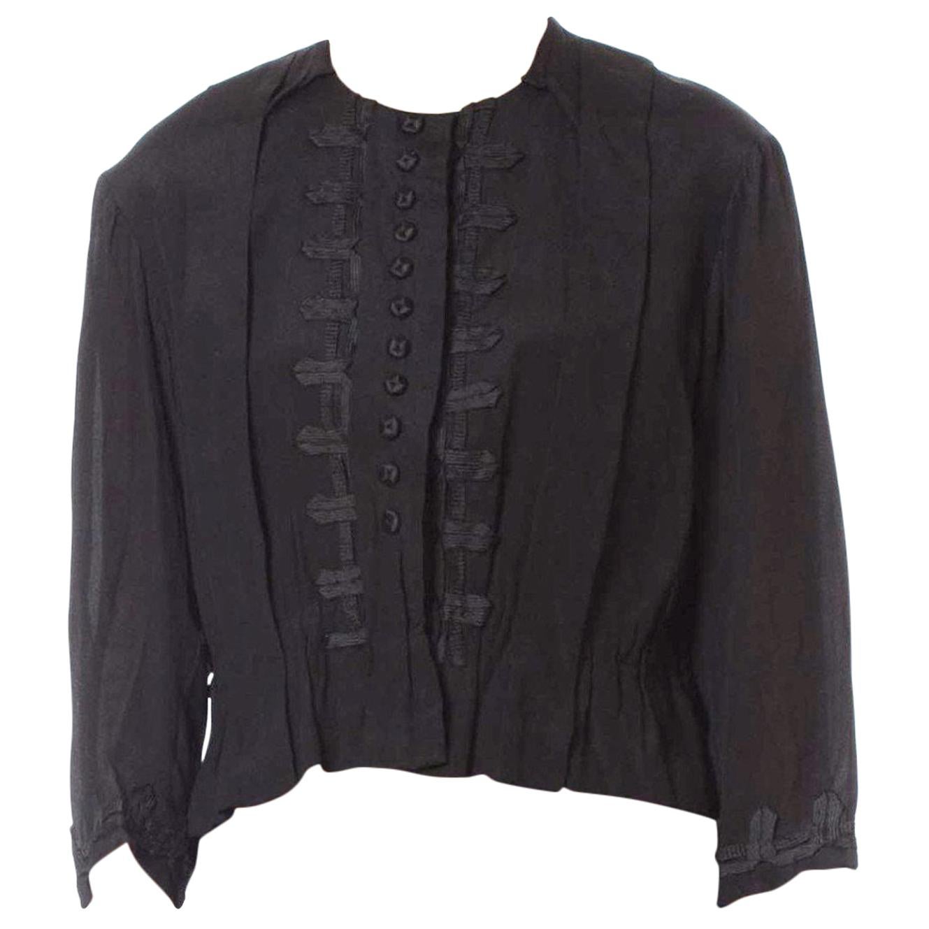 Edwardian Black Silk Crepe De Chine Blouse With Military Passementerie & Lined 