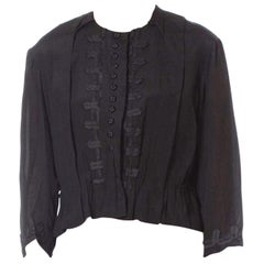 Antique Edwardian Black Silk Crepe De Chine Blouse With Military Passementerie & Lined 