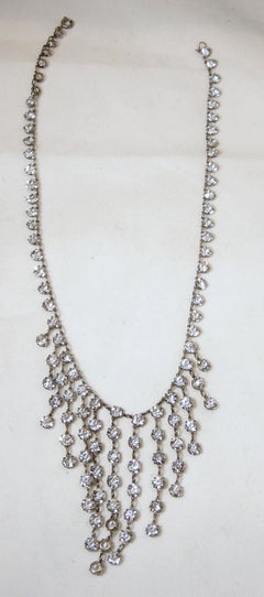 Victorian Vintage Clear Crystals Sterling Silver Bib Necklace