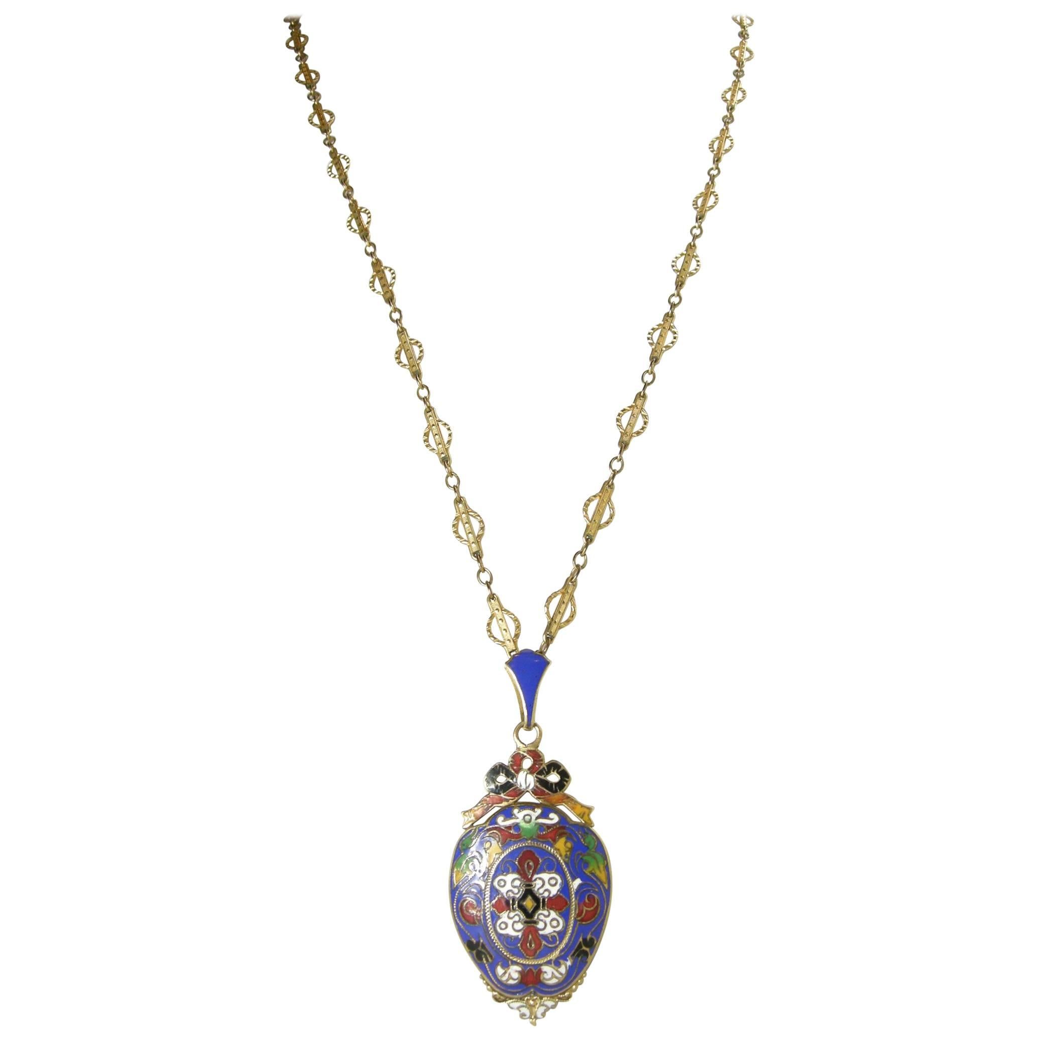 Victorian Vintage Gold-Filled Cloisonné Locket Necklace For Sale