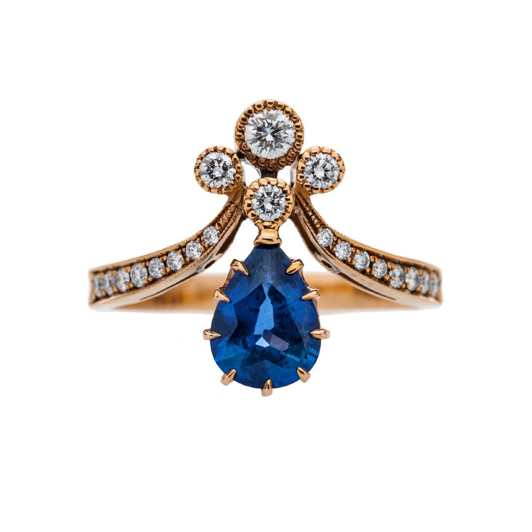 Victorian Vintage Inspired Ceylon Sapphire Tiara Engagement Ring