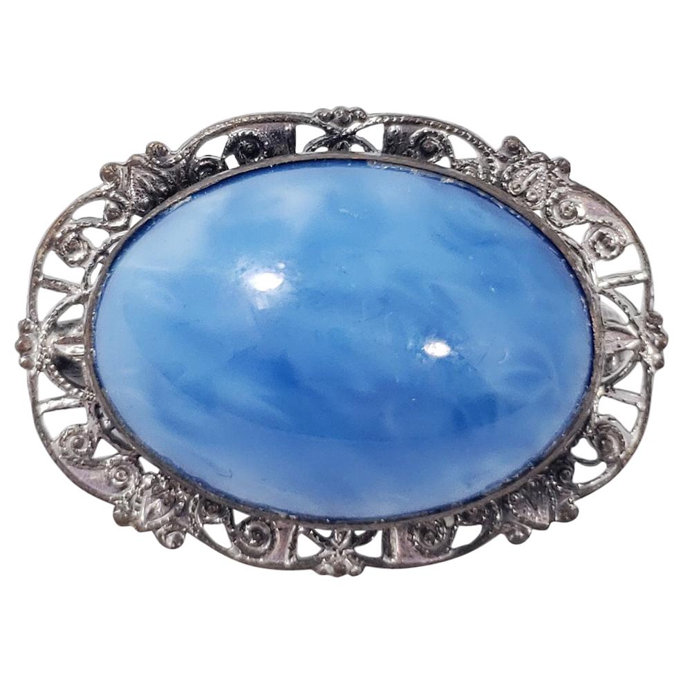 Victorian Vintage Blue Gemstone Cabochon Pin Brooch in Decorative Filigree Bezel For Sale