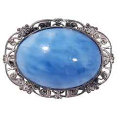 Victorian Vintage Blue Gemstone Cabochon Pin Brooch in Decorative Filigree Bezel