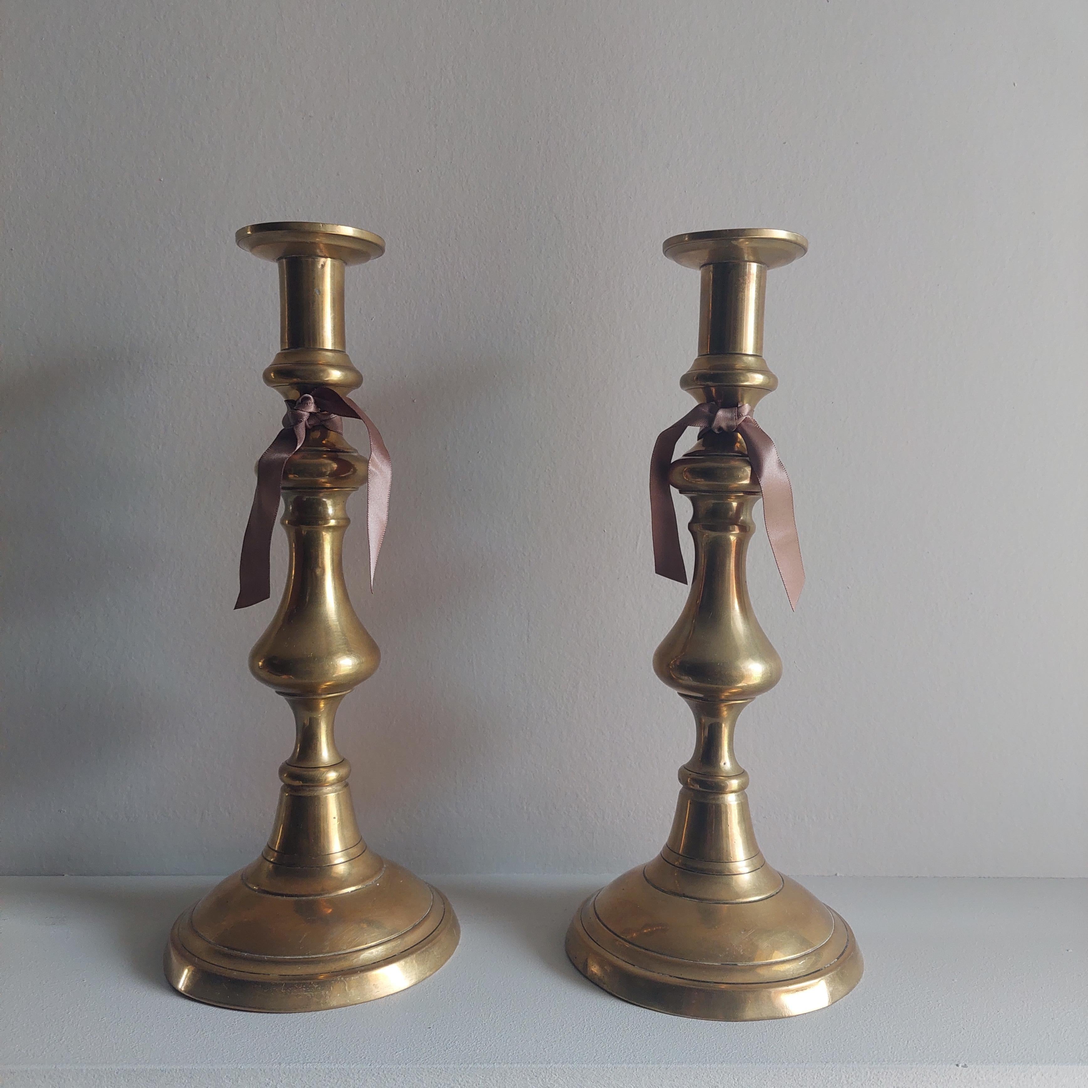 High Victorian Victorian Vintage Large Brass Candlesticks Candle Holders, Set Of 2, 1800s