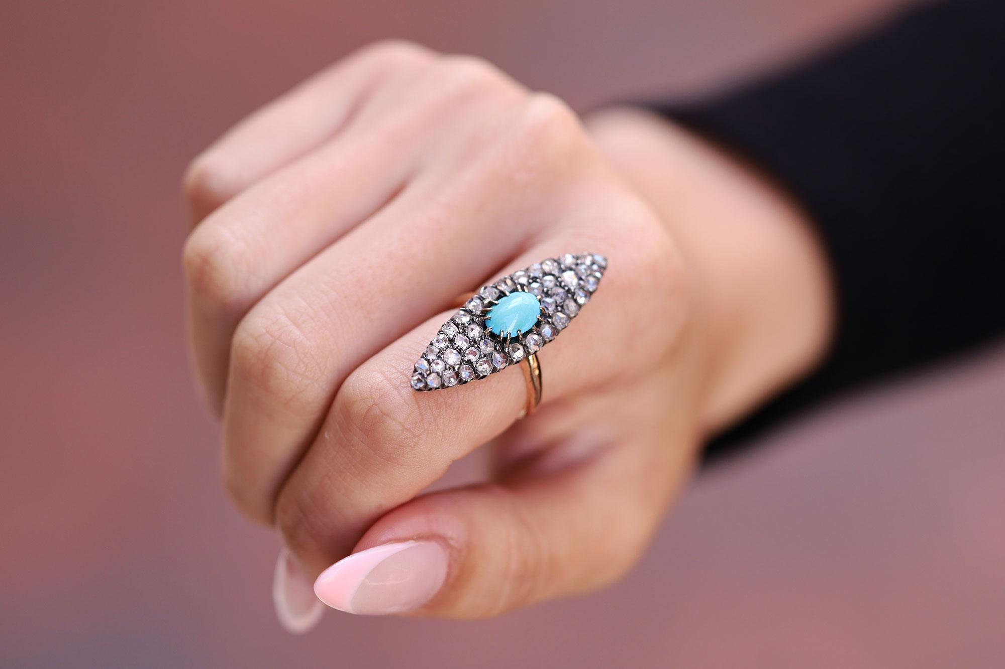 Rose Cut Victorian Vintage Turquoise and Diamond Navette Ring For Sale