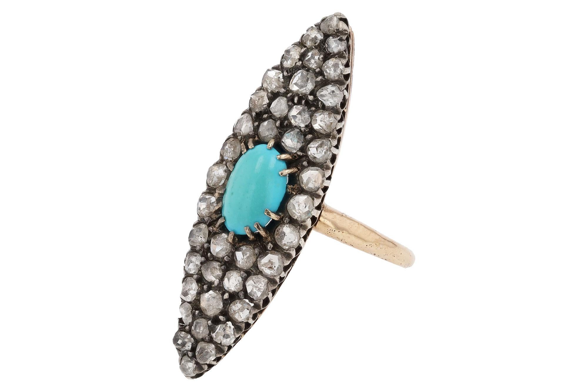 Victorian Vintage Turquoise and Diamond Navette Ring In Good Condition For Sale In Santa Barbara, CA