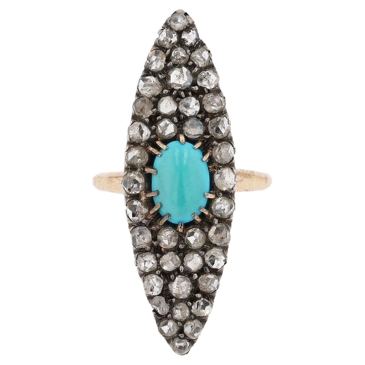 Victorian Vintage Turquoise and Diamond Navette Ring For Sale