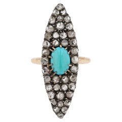 Bague navette victorienne vintage en turquoise et diamants