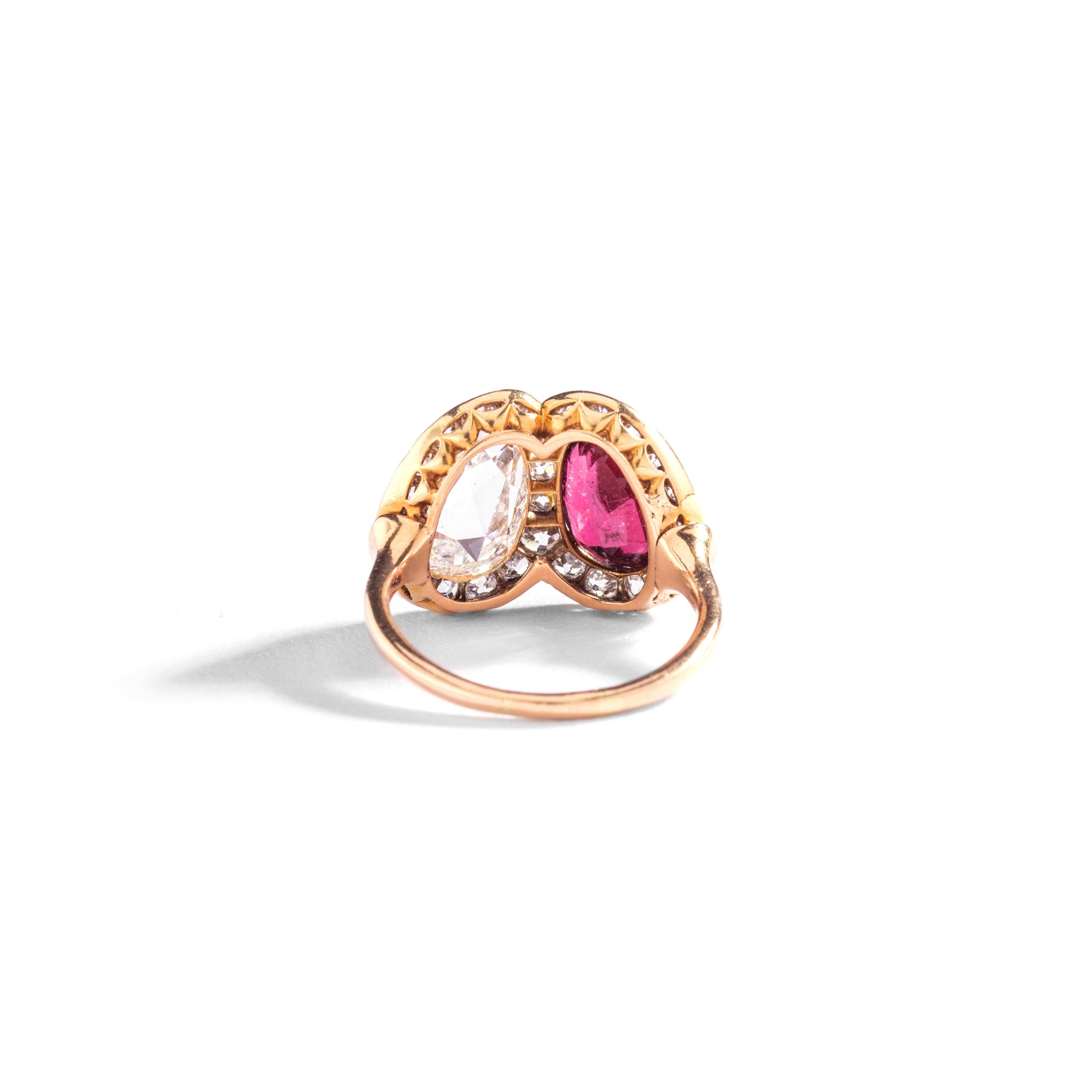 Victorian Vous et Moi Heart Diamond Rose Cut and Garnet Gold Ring In Good Condition In Geneva, CH