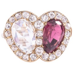Victorian Vous et Moi Heart Diamond Rose Cut and Garnet Gold Ring