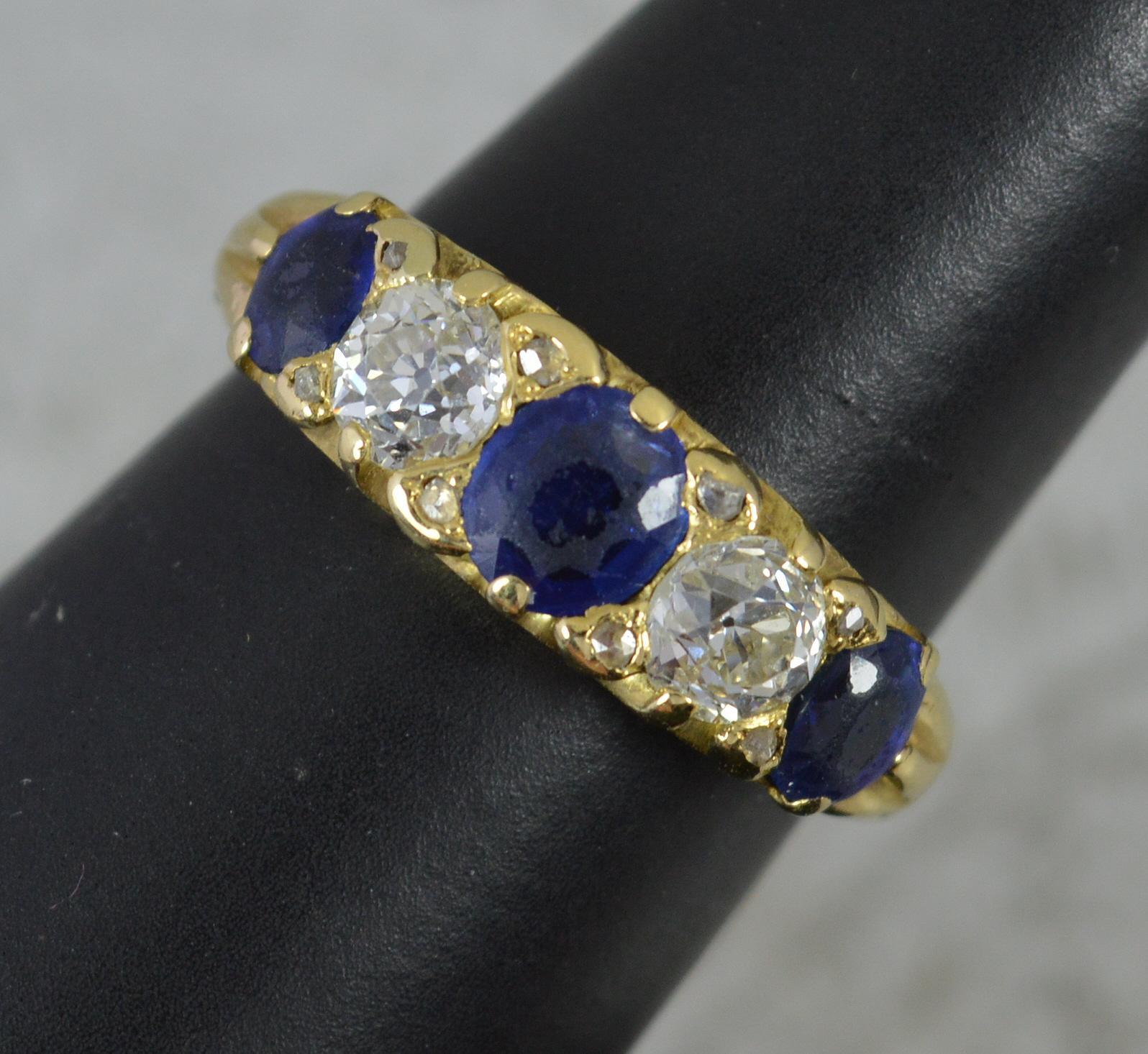 Victorian Vs Old Cut Diamond and Sapphire 18ct Gold Five Stone Stack Ring For Sale 6