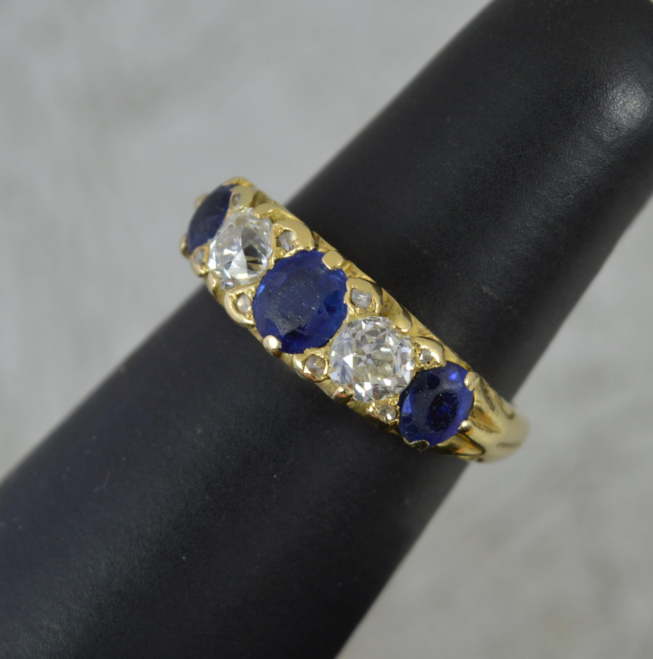 Victorian Vs Old Cut Diamond and Sapphire 18ct Gold Five Stone Stack Ring For Sale 7