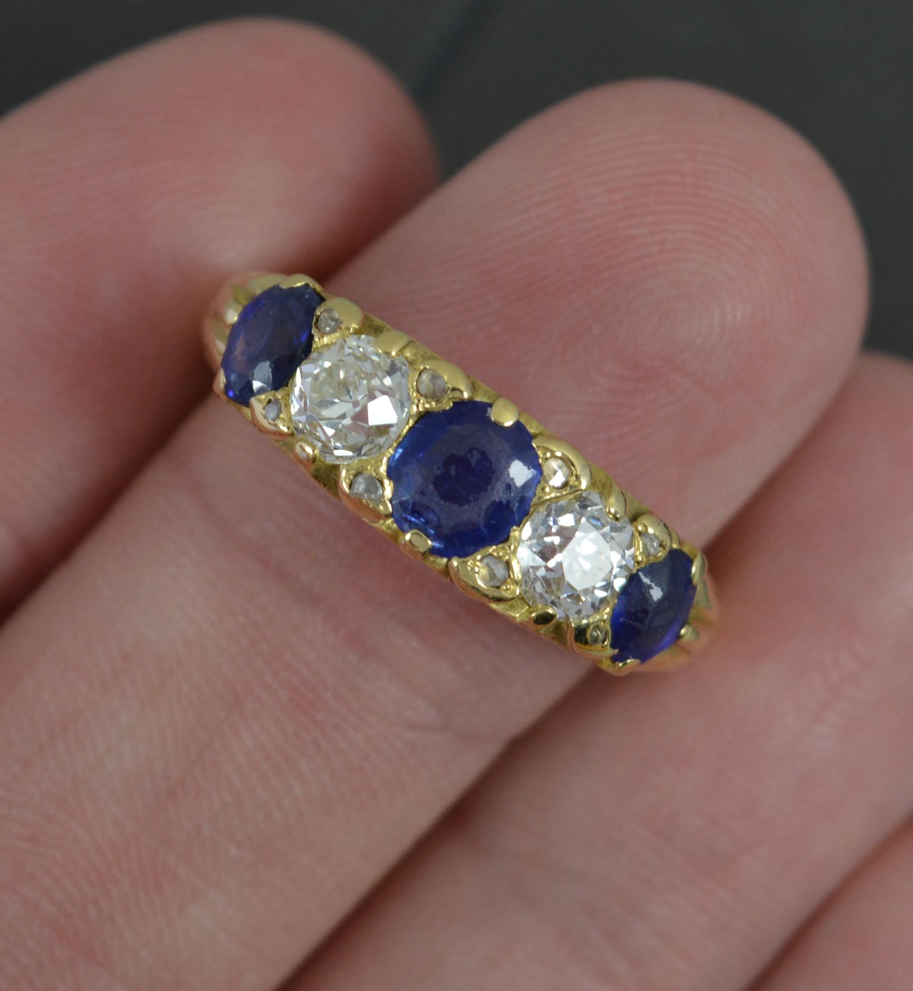 Women's Victorian Vs Old Cut Diamond and Sapphire 18ct Gold Five Stone Stack Ring For Sale