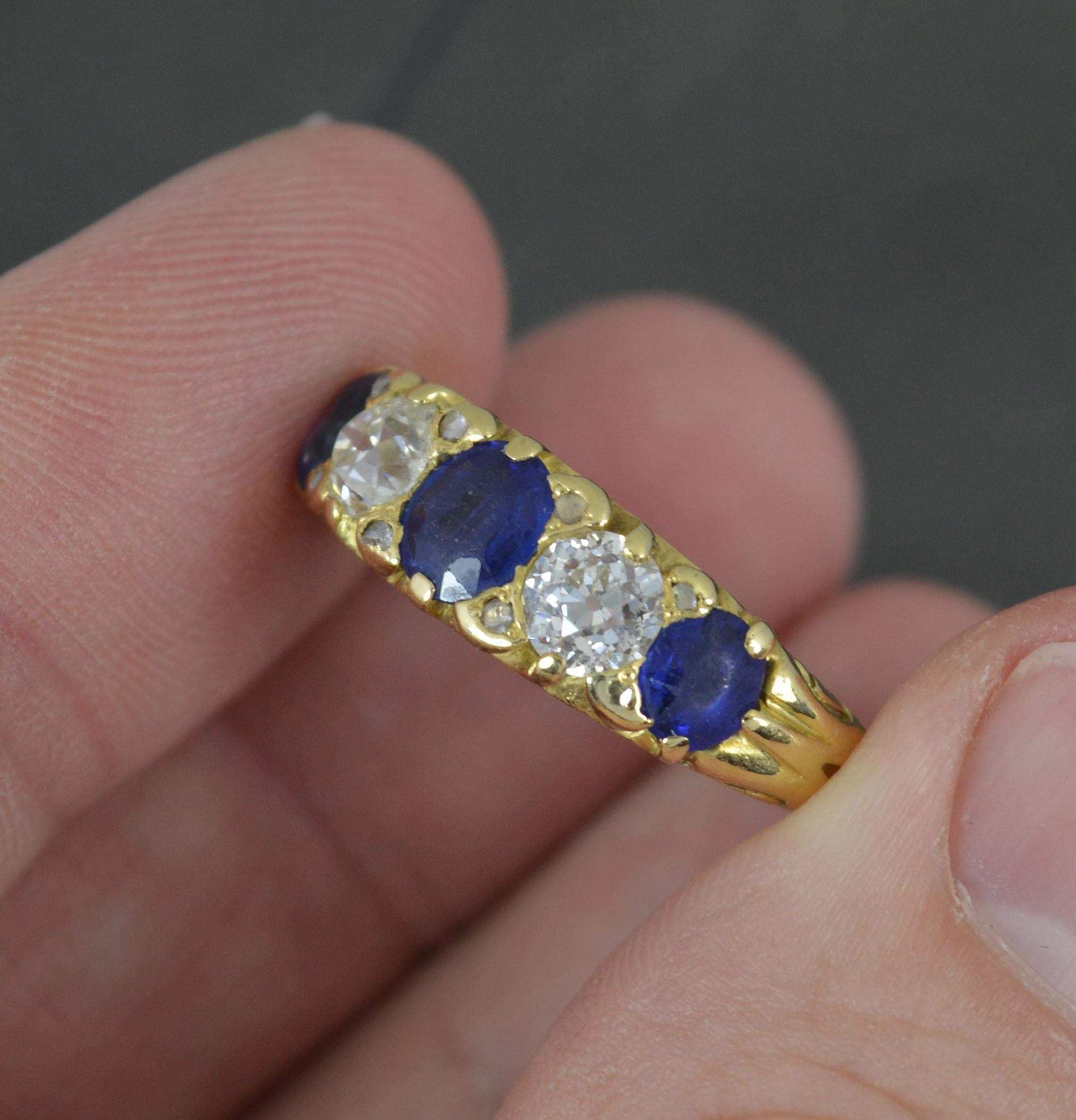 Victorian Vs Old Cut Diamond and Sapphire 18ct Gold Five Stone Stack Ring For Sale 1