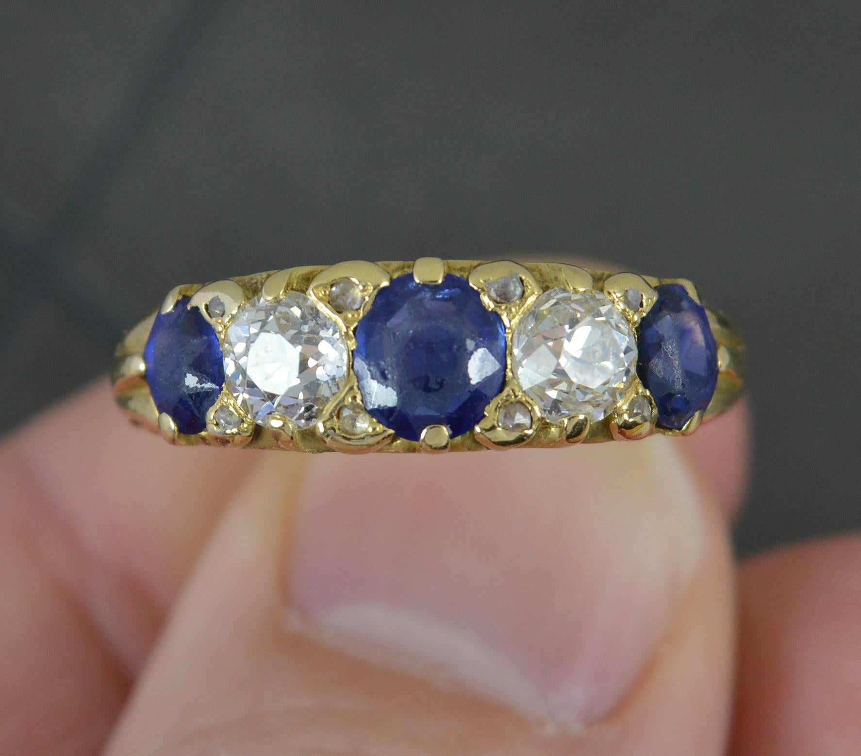 Victorian Vs Old Cut Diamond and Sapphire 18ct Gold Five Stone Stack Ring For Sale 2
