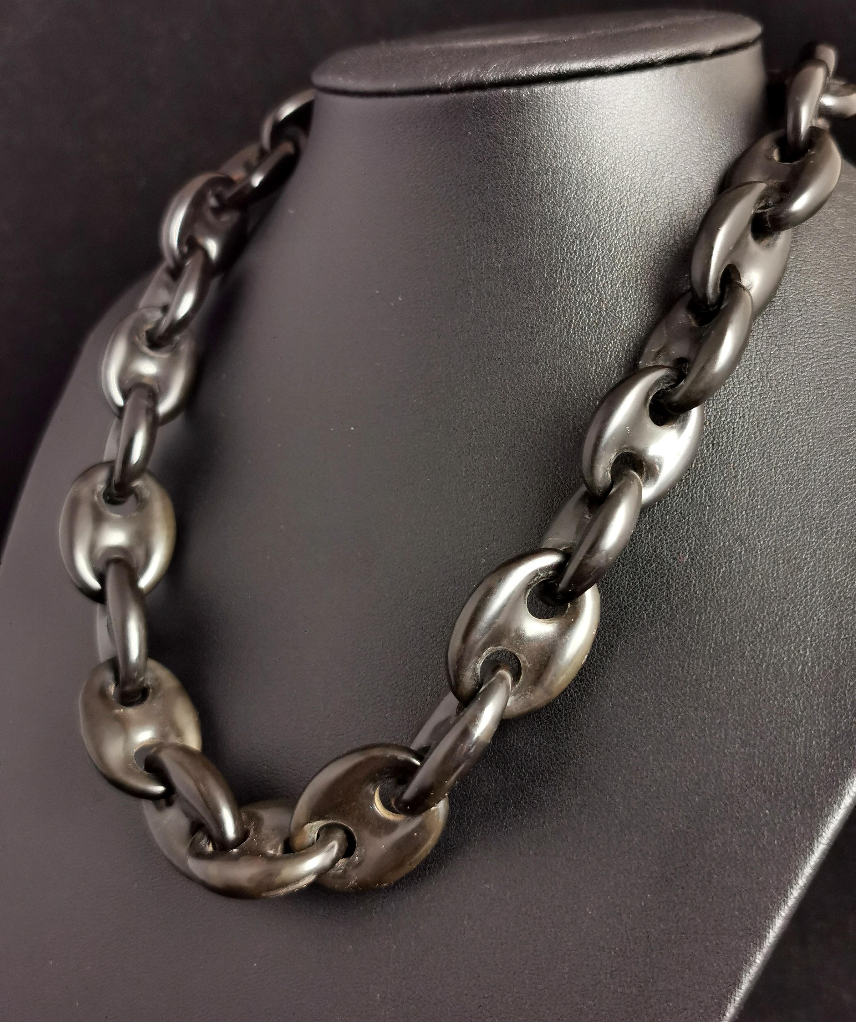 Victorian Vulcanite Chain Necklace, Mariner Link, Mourning In Fair Condition In NEWARK, GB