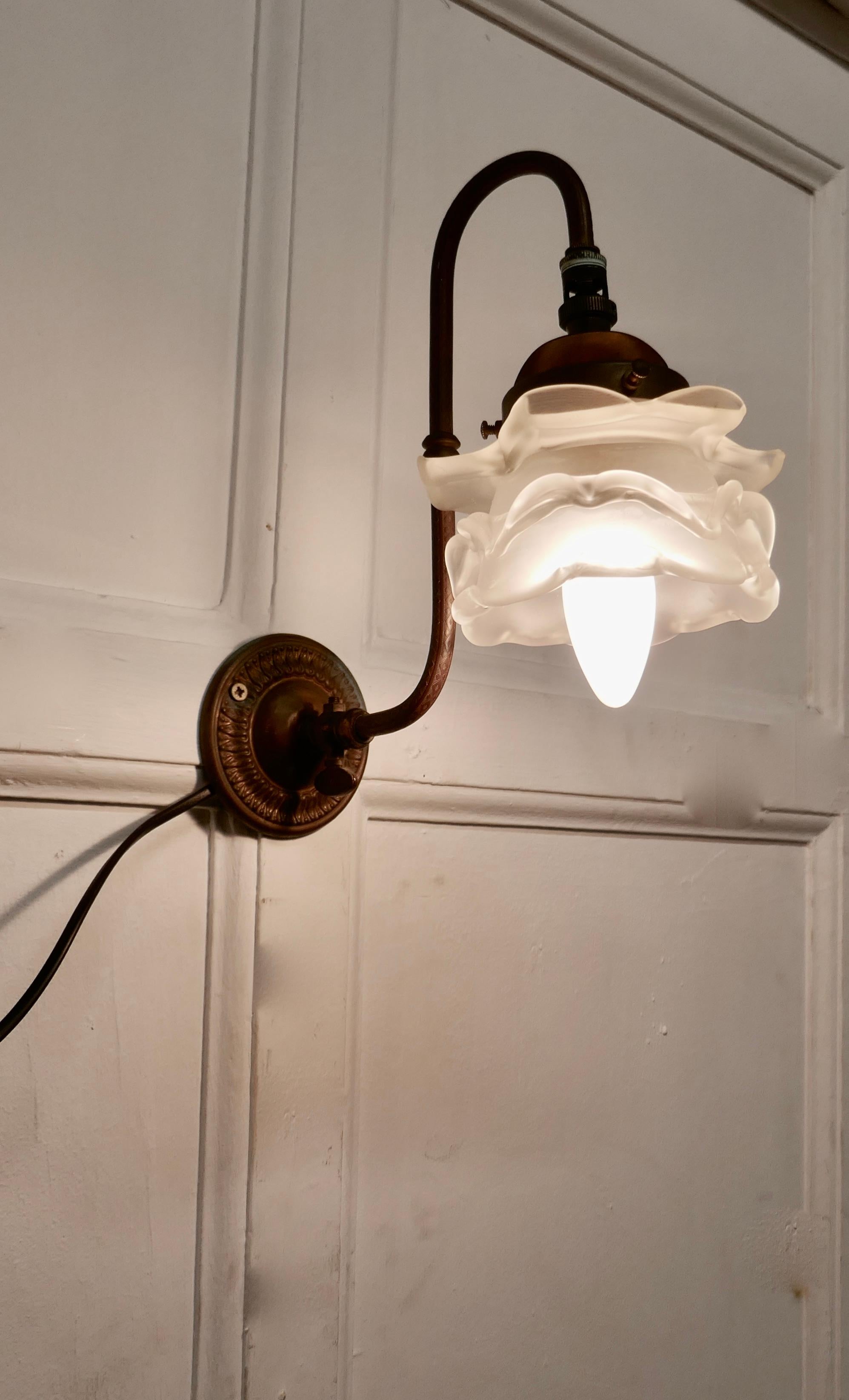 Victorian wall light with flower shade

The light has a brass swan neck arms, and a flower design opalescent shade
The brass is darkened with age, the shade is original and not damaged
This piece is working, with newish wiring, but will require