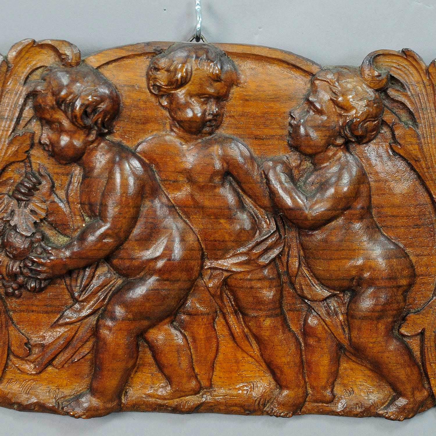 Black Forest Victorian Wall Plaque with Cherubs, Hand Carved, circa 1920