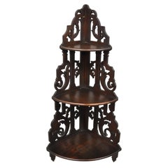 Antique Victorian Walnut 3 Tier Carved Knick Knack Corner Whatnot Wall Shelf Curio