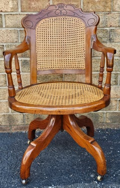 Victorian Walnut and Caned Seat and Back Rolling Office Chair