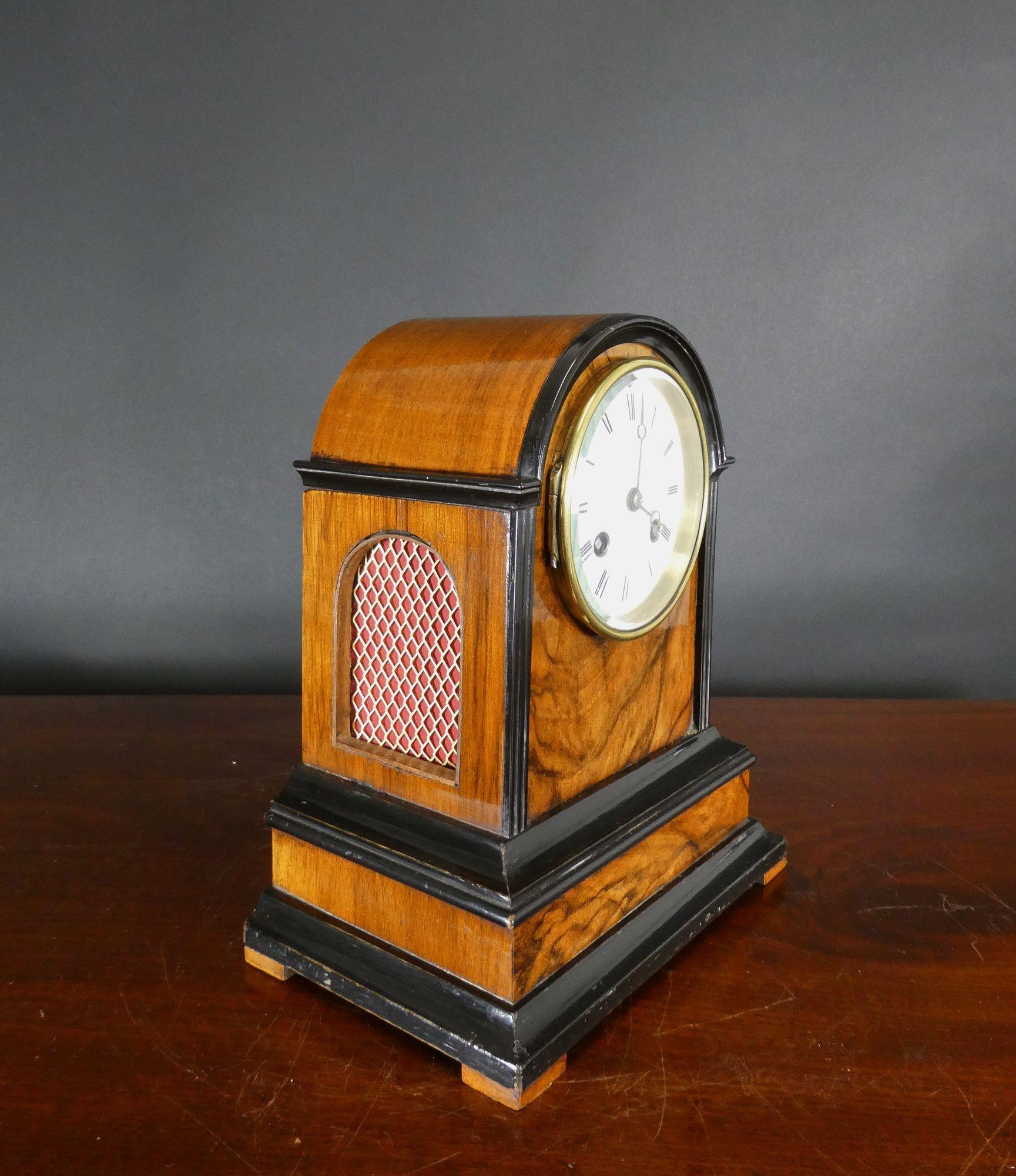 French Victorian Walnut and Ebony Mantel Clock For Sale