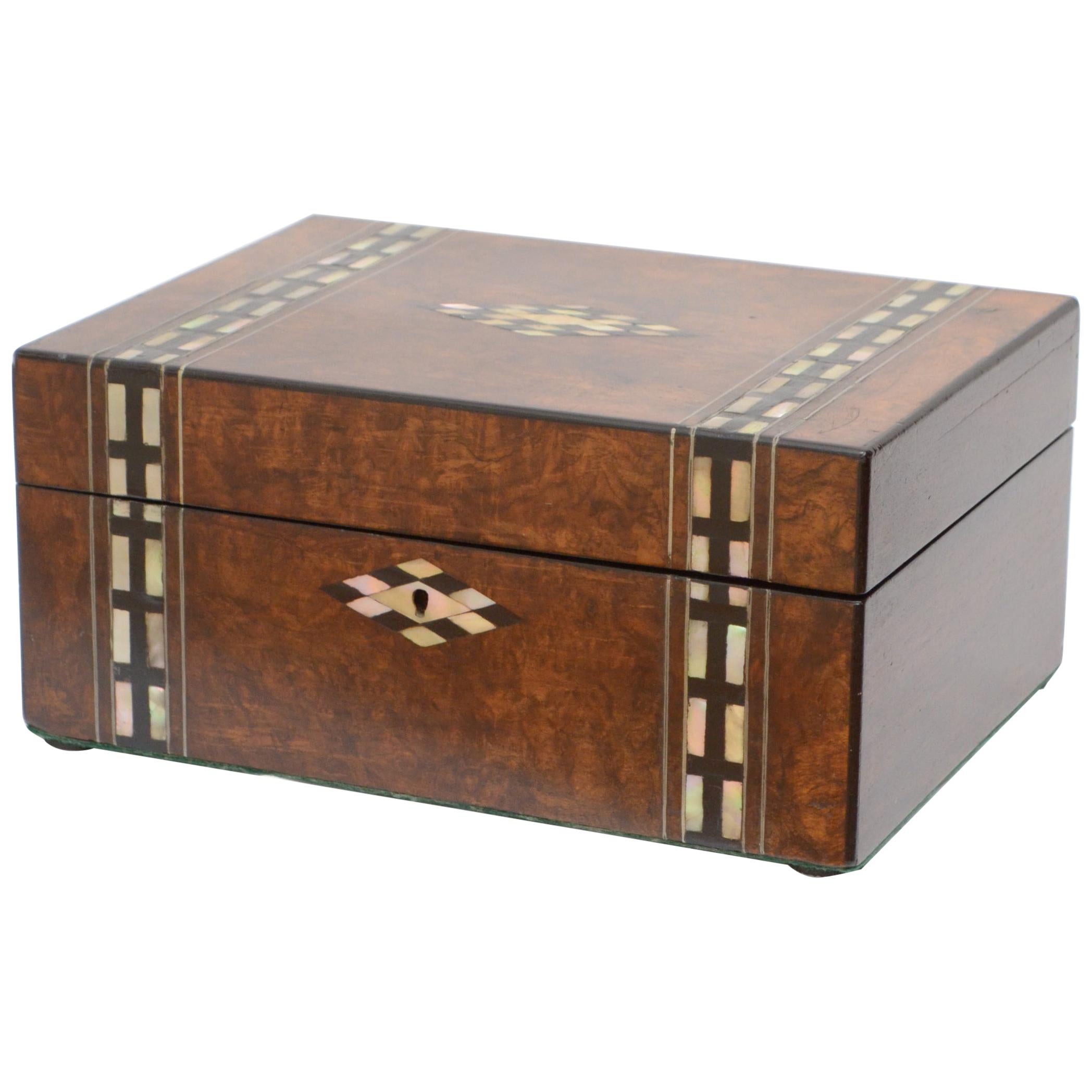Victorian Walnut and Inlaid Jewelry Box Sewing Box with Tray