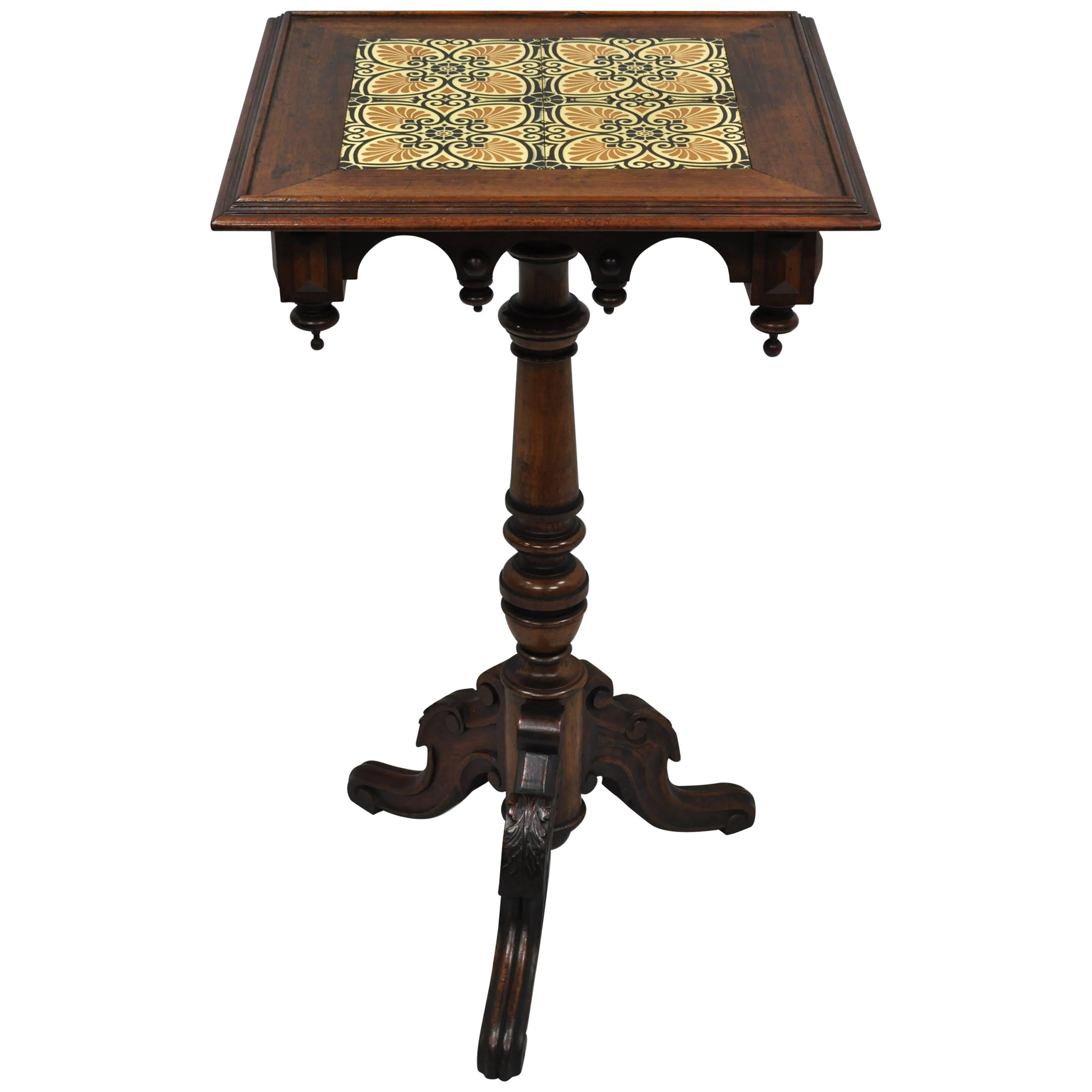 Victorian Walnut Arts & Crafts Tile-Top Renaissance Revival Pedestal Side Table For Sale
