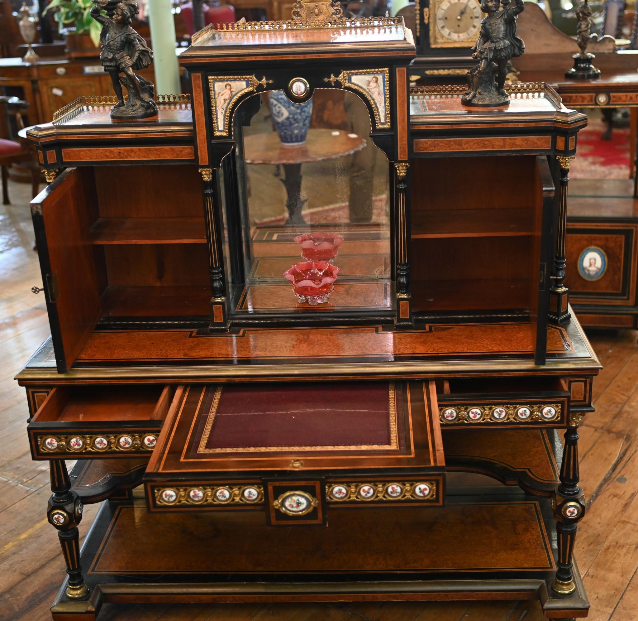 Victorian Walnut Bonheur Du Jours Desk Sevres Plaques 2