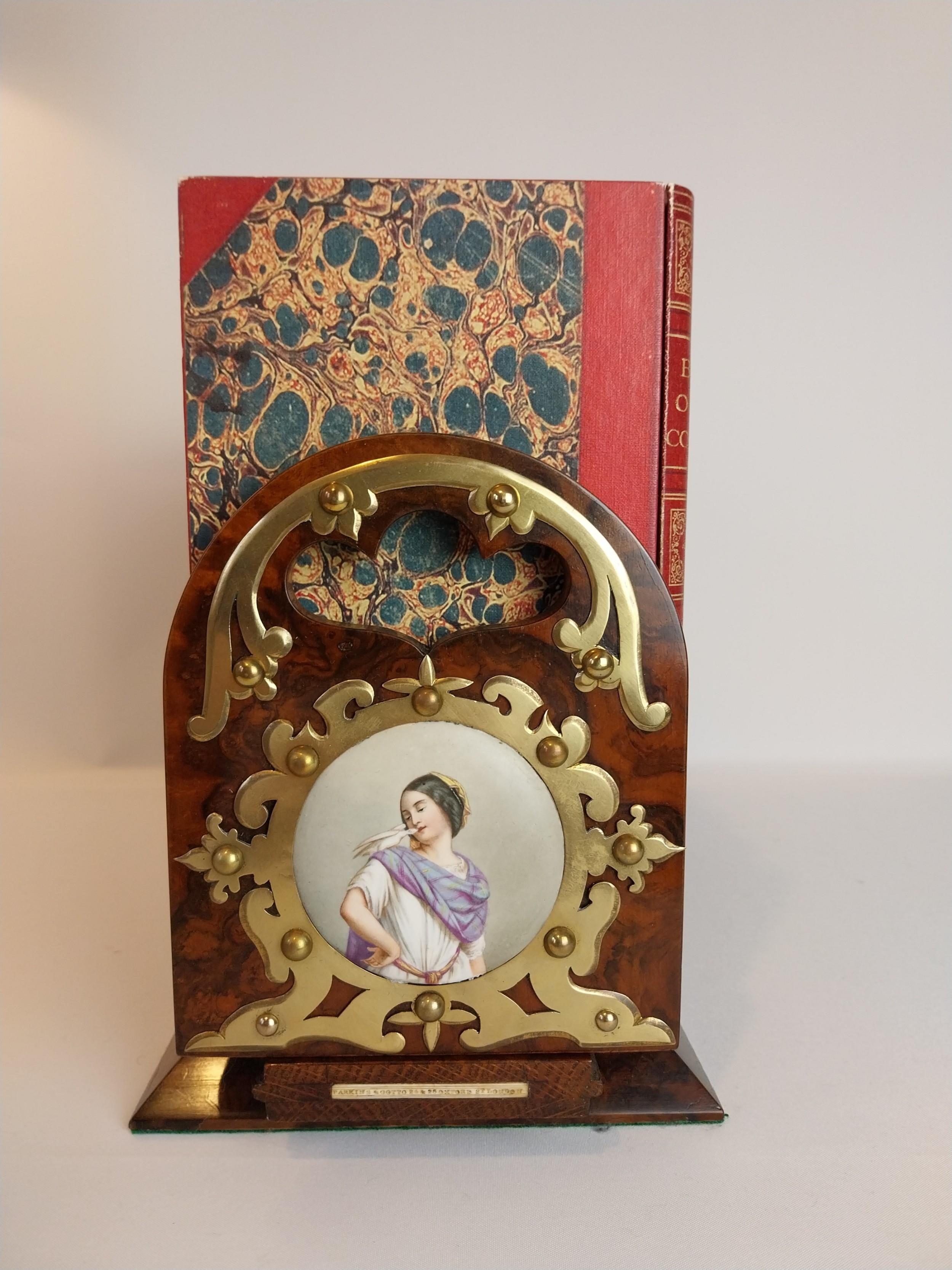 19th Century Victorian Walnut Book Holder Slide Case with Porcelain Plaques For Sale