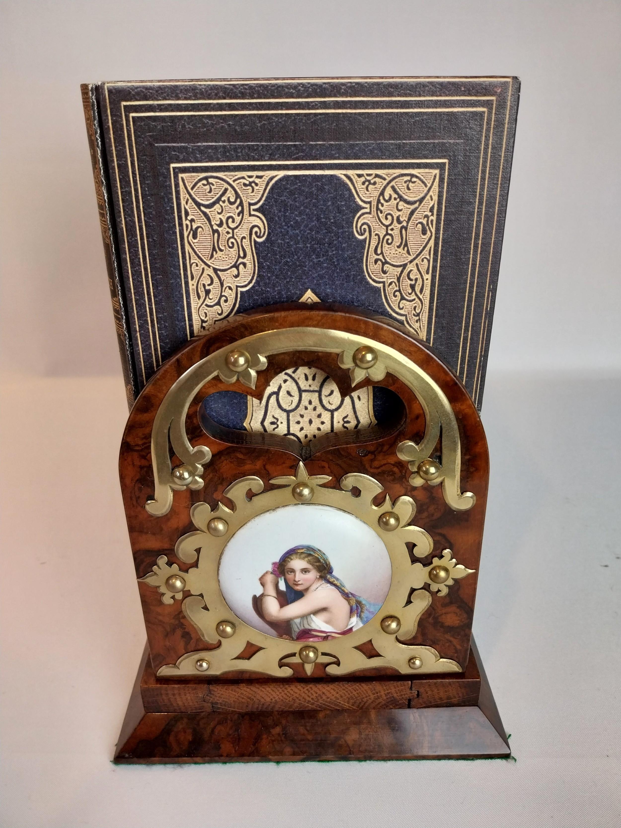 Victorian Walnut Book Holder Slide Case with Porcelain Plaques For Sale 2