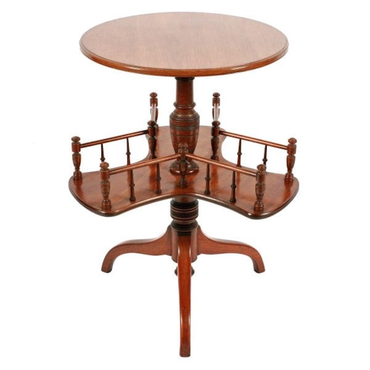 Victorian walnut book table

A 19th century Victorian walnut circular top table with a revolving book carousel below.

The top has a moulded edge and the clover leaf shaped bookshelf has galleried sides to the three shelves.

The table stands