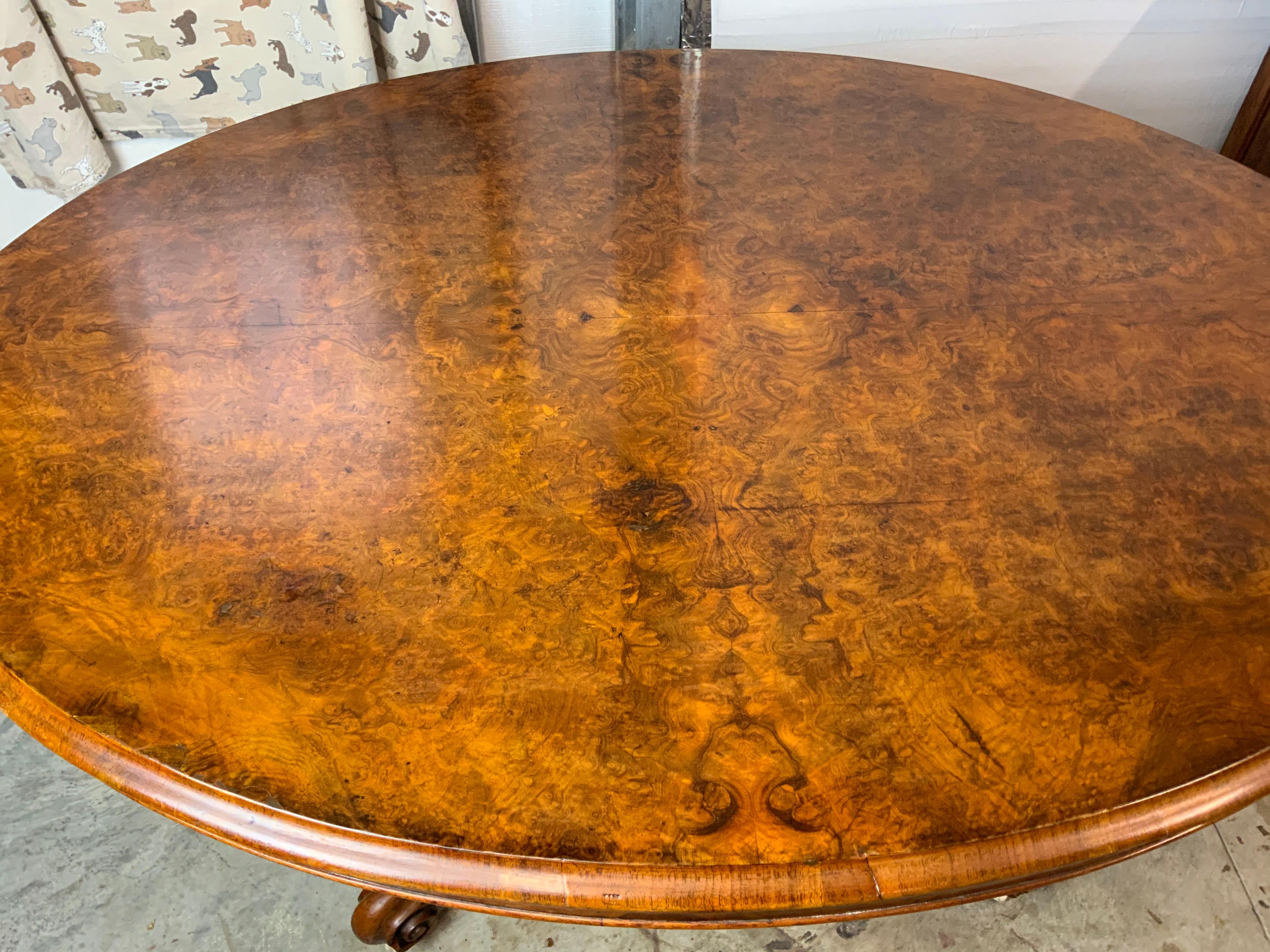 A very nice English Burl Walnut tilt top Breakfast Table. These tables were originally called “Loo” tables after the card game Lanterloo and were tilted up and stored in the corner of a room when not in use. More commonly today they are used as