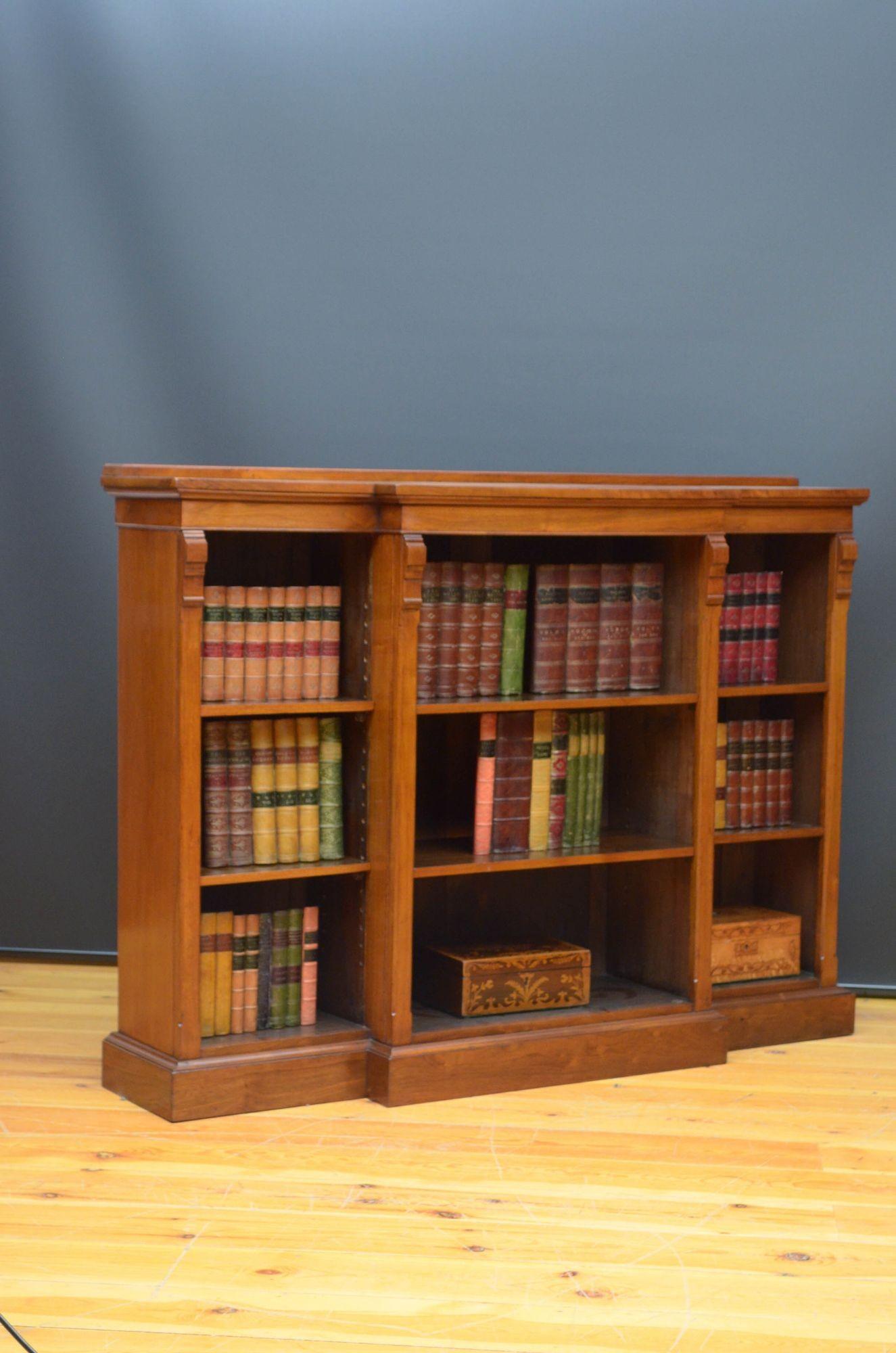 English Victorian Walnut Breakfronted Open Bookcase