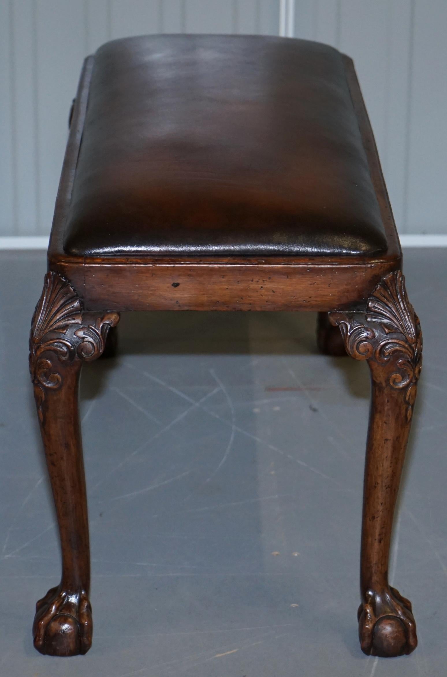 Victorian Walnut Brown Leather 2-Seat Piano Bench Stool Carved Claw & Ball Legs 1