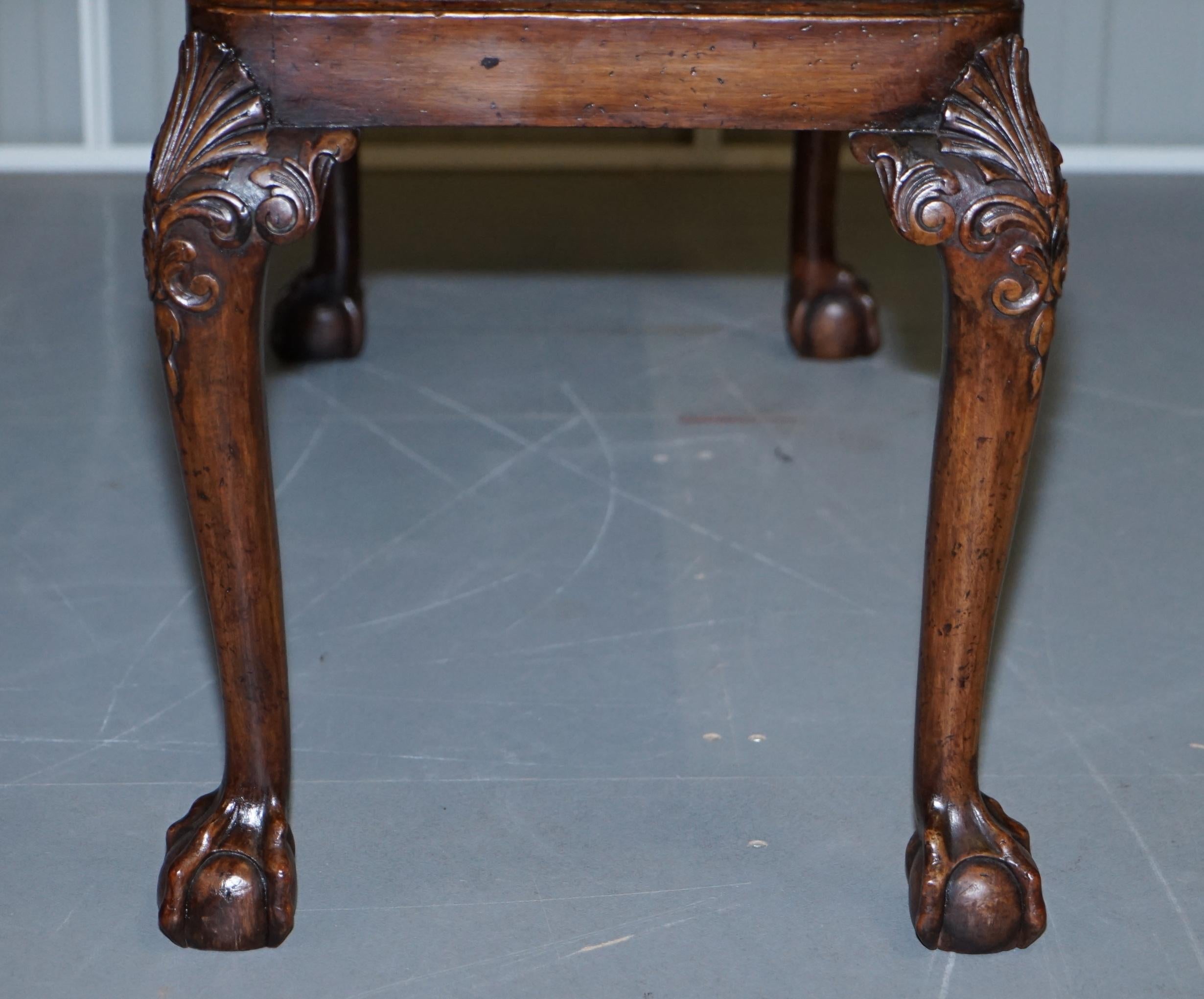 Victorian Walnut Brown Leather 2-Seat Piano Bench Stool Carved Claw & Ball Legs 3