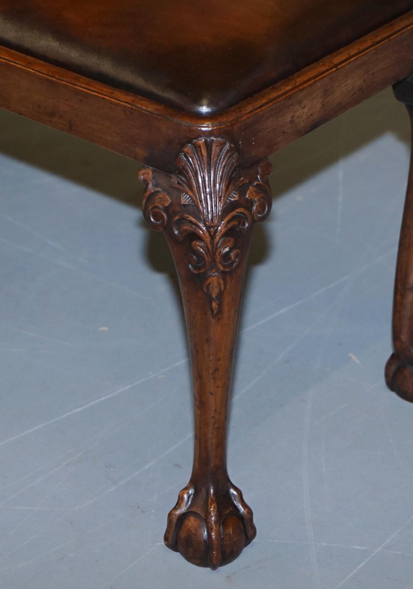 Victorian Walnut Brown Leather 2-Seat Piano Bench Stool Carved Claw & Ball Legs 4