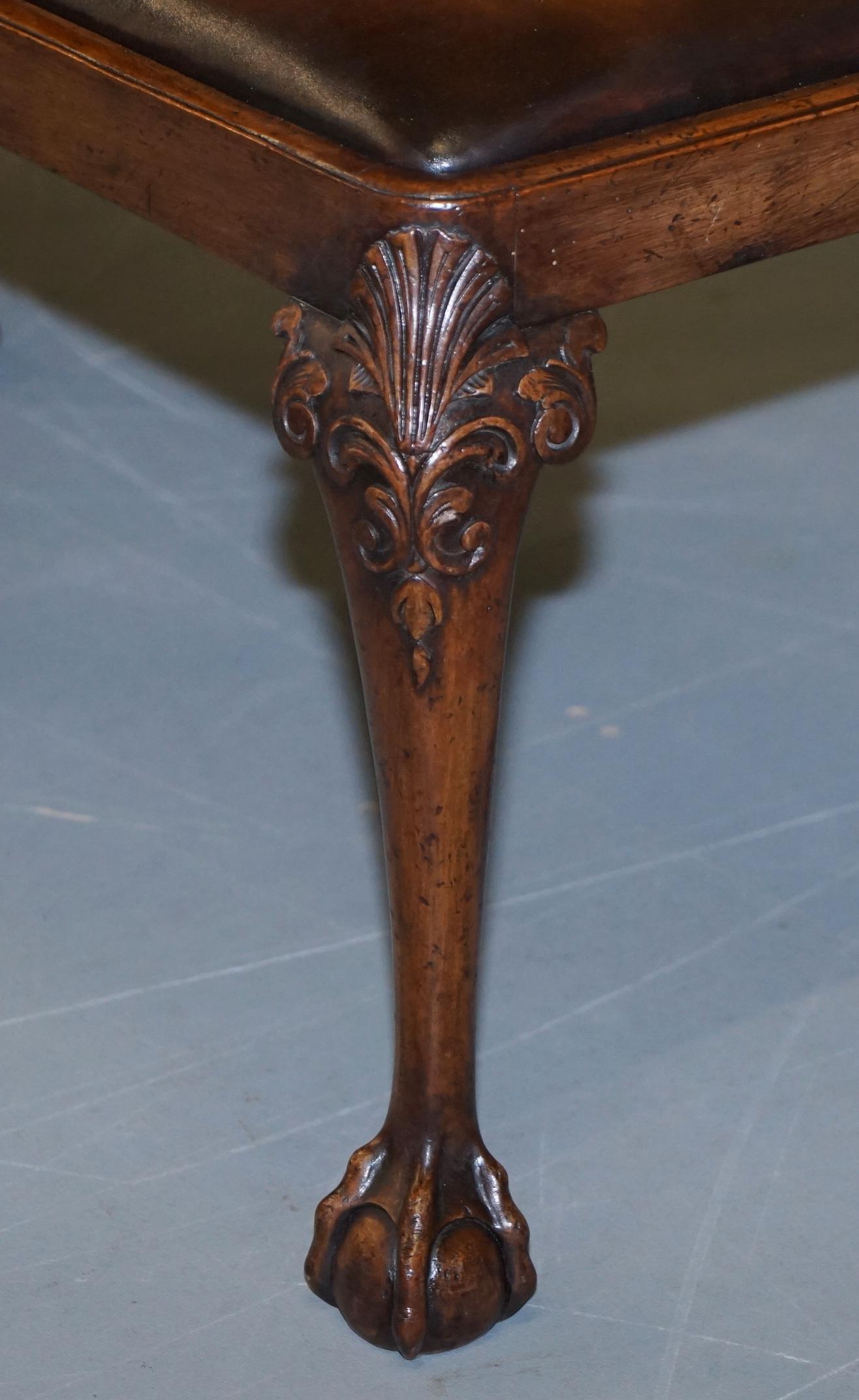 Victorian Walnut Brown Leather 2-Seat Piano Bench Stool Carved Claw & Ball Legs 4