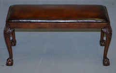 Victorian Walnut Brown Leather 2-Seat Piano Bench Stool Carved Claw & Ball Legs