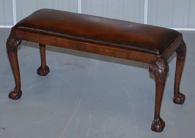 Victorian Walnut Brown Leather 2Seat Piano Bench Stool Carved Claw and