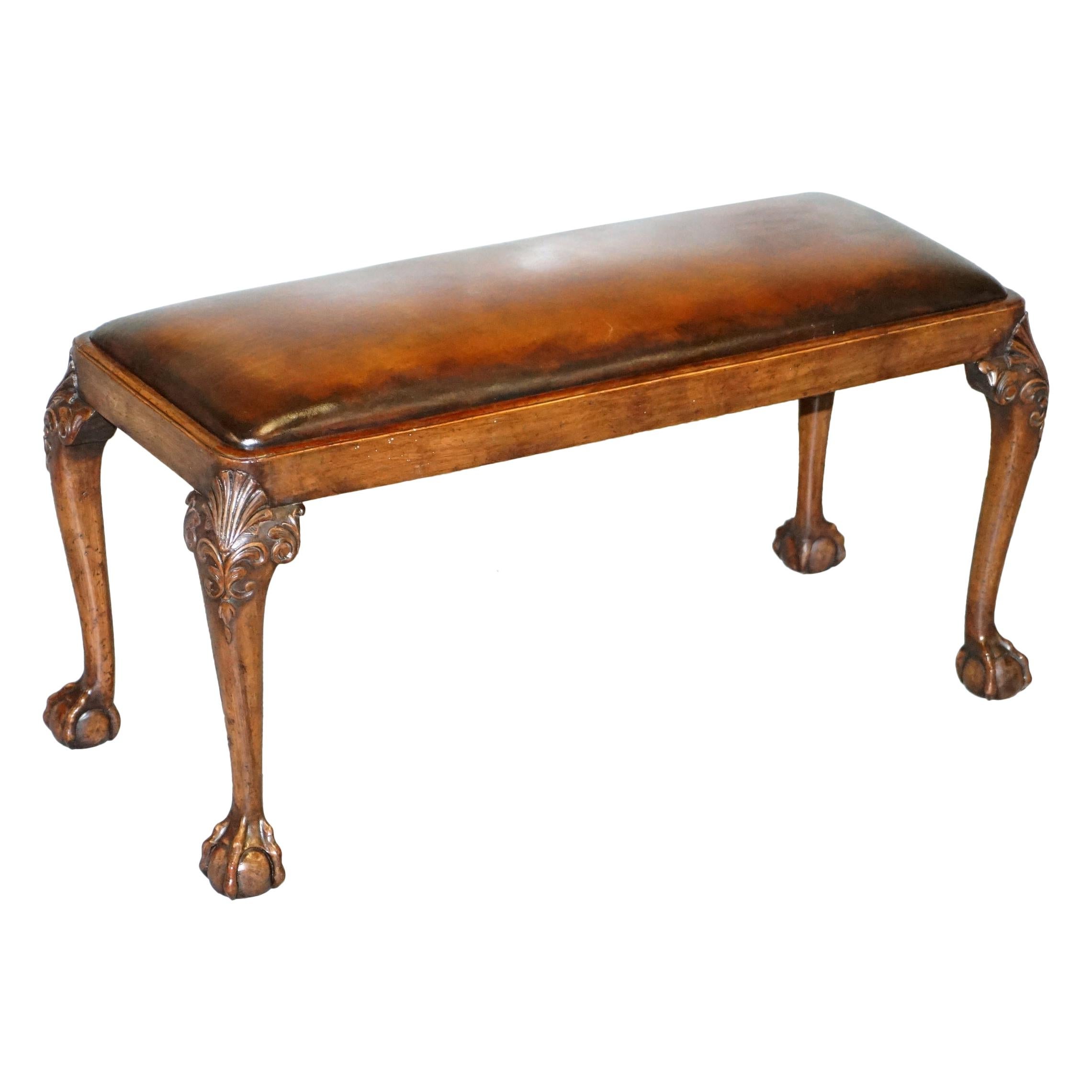 Victorian Walnut Brown Leather 2-Seat Piano Bench Stool Carved Claw & Ball Legs