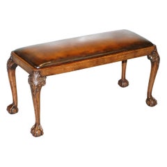 Antique Victorian Walnut Brown Leather 2-Seat Piano Bench Stool Carved Claw & Ball Legs